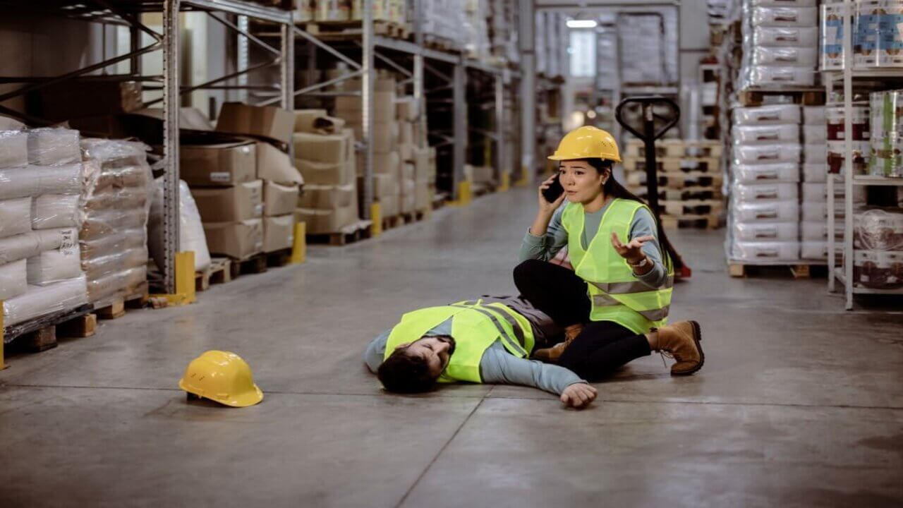 Warehouse Manager Lying Down on the Warehouse Floor After an Accident